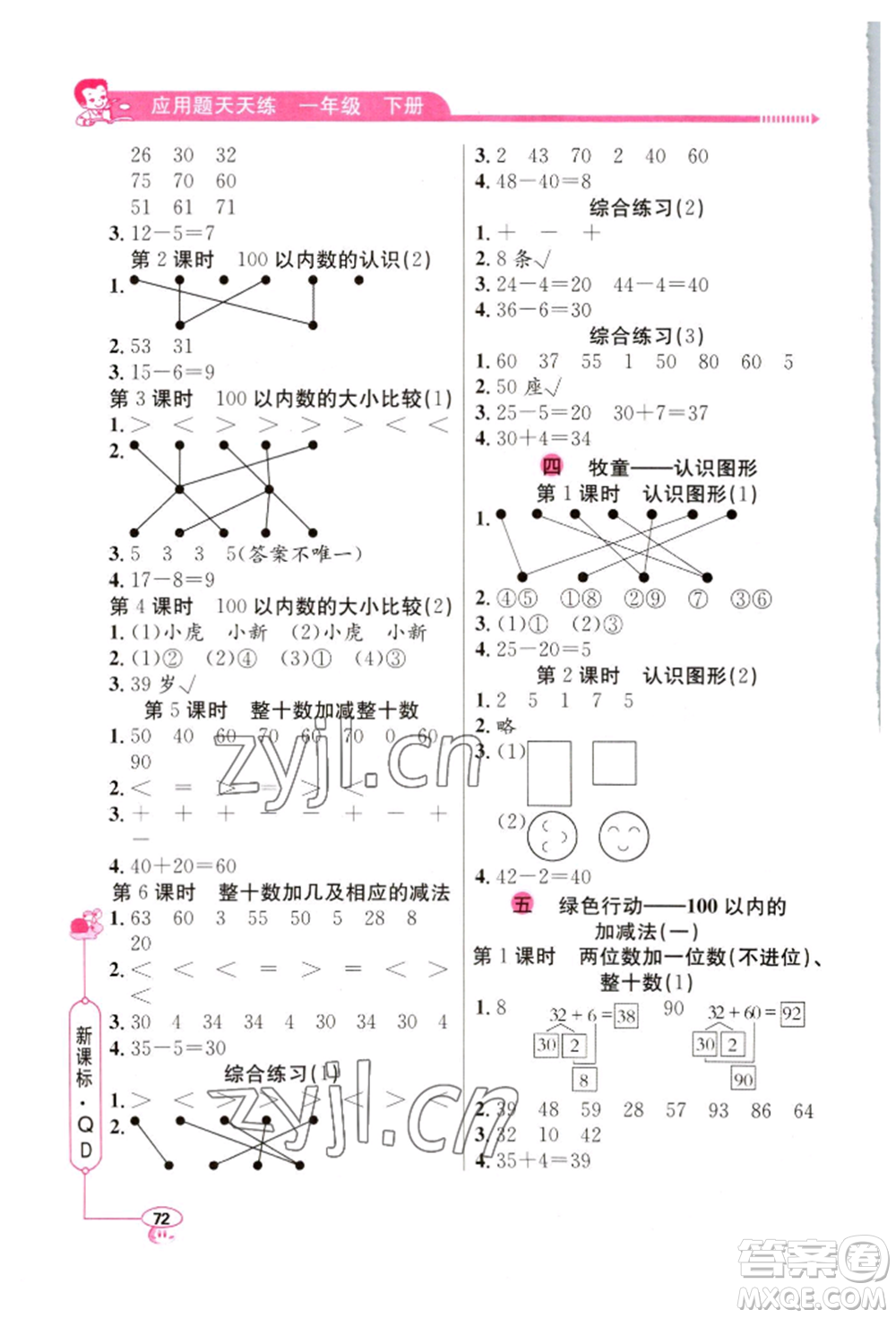 山東畫(huà)報(bào)出版社2022應(yīng)用題天天練一年級(jí)下冊(cè)數(shù)學(xué)青島版參考答案