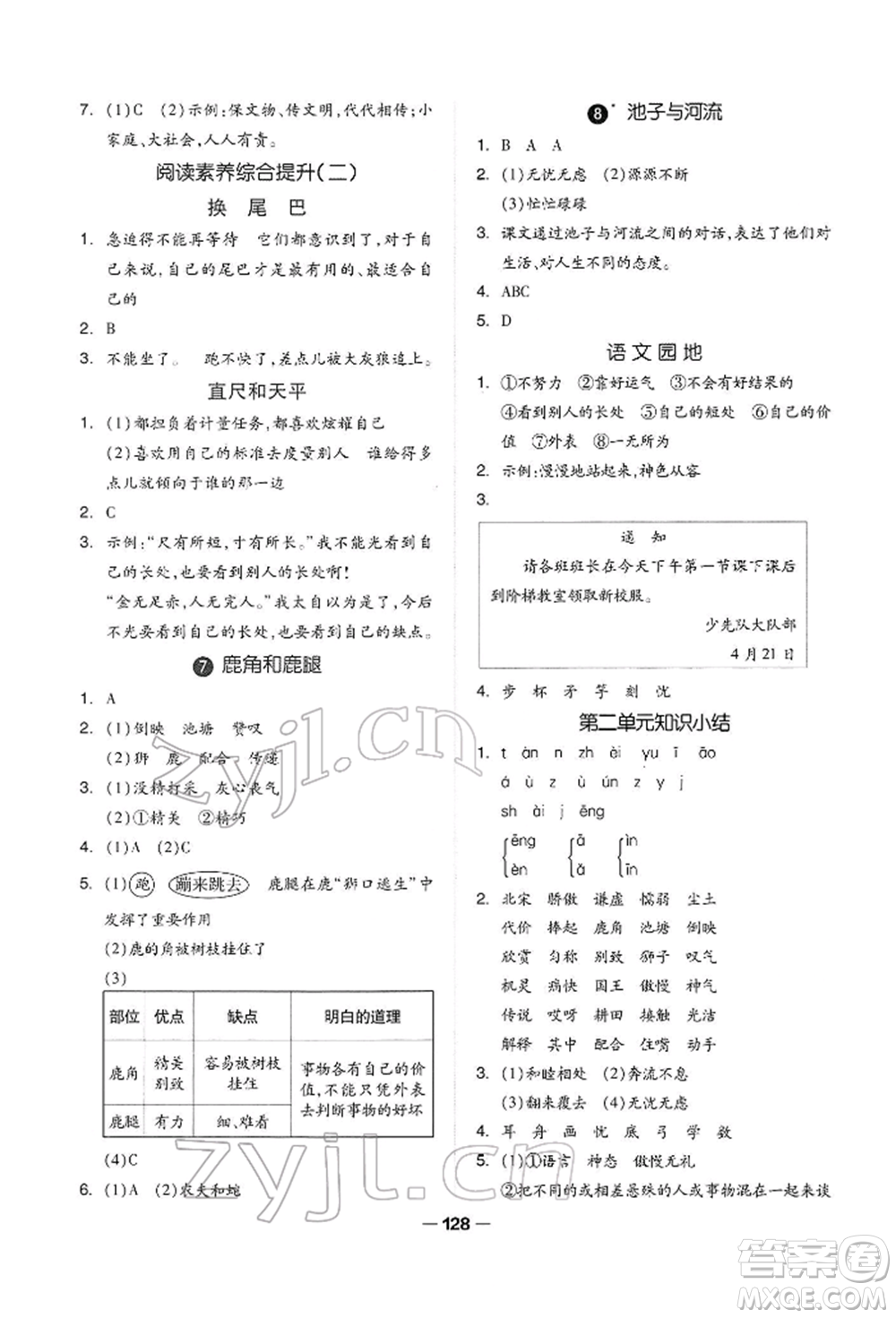 山東科學(xué)技術(shù)出版社2022新思維伴你學(xué)三年級(jí)下冊(cè)語(yǔ)文人教版參考答案