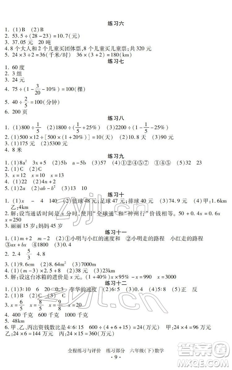 浙江人民出版社2022全程練習(xí)與評(píng)價(jià)六年級(jí)下冊(cè)數(shù)學(xué)人教版答案