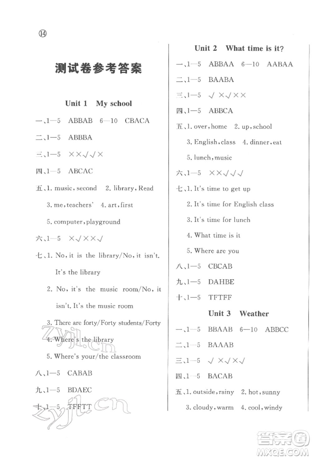 西安出版社2022狀元坊全程突破導(dǎo)練測四年級(jí)下冊(cè)英語人教版東莞專版參考答案