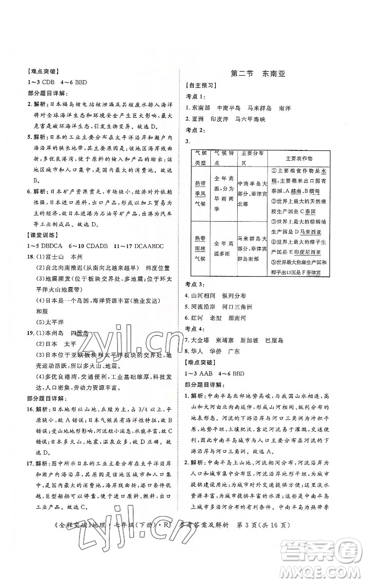 延邊大學(xué)出版社2022全程突破七年級下冊地理人教版答案