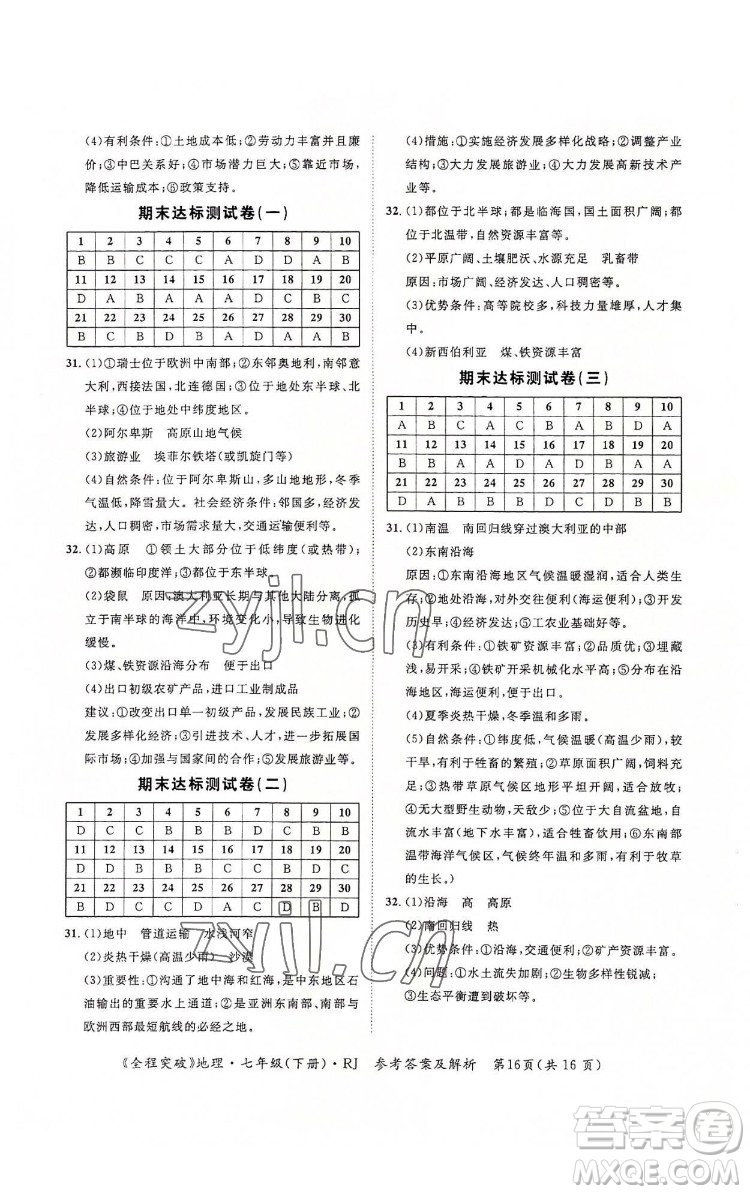 延邊大學(xué)出版社2022全程突破七年級下冊地理人教版答案