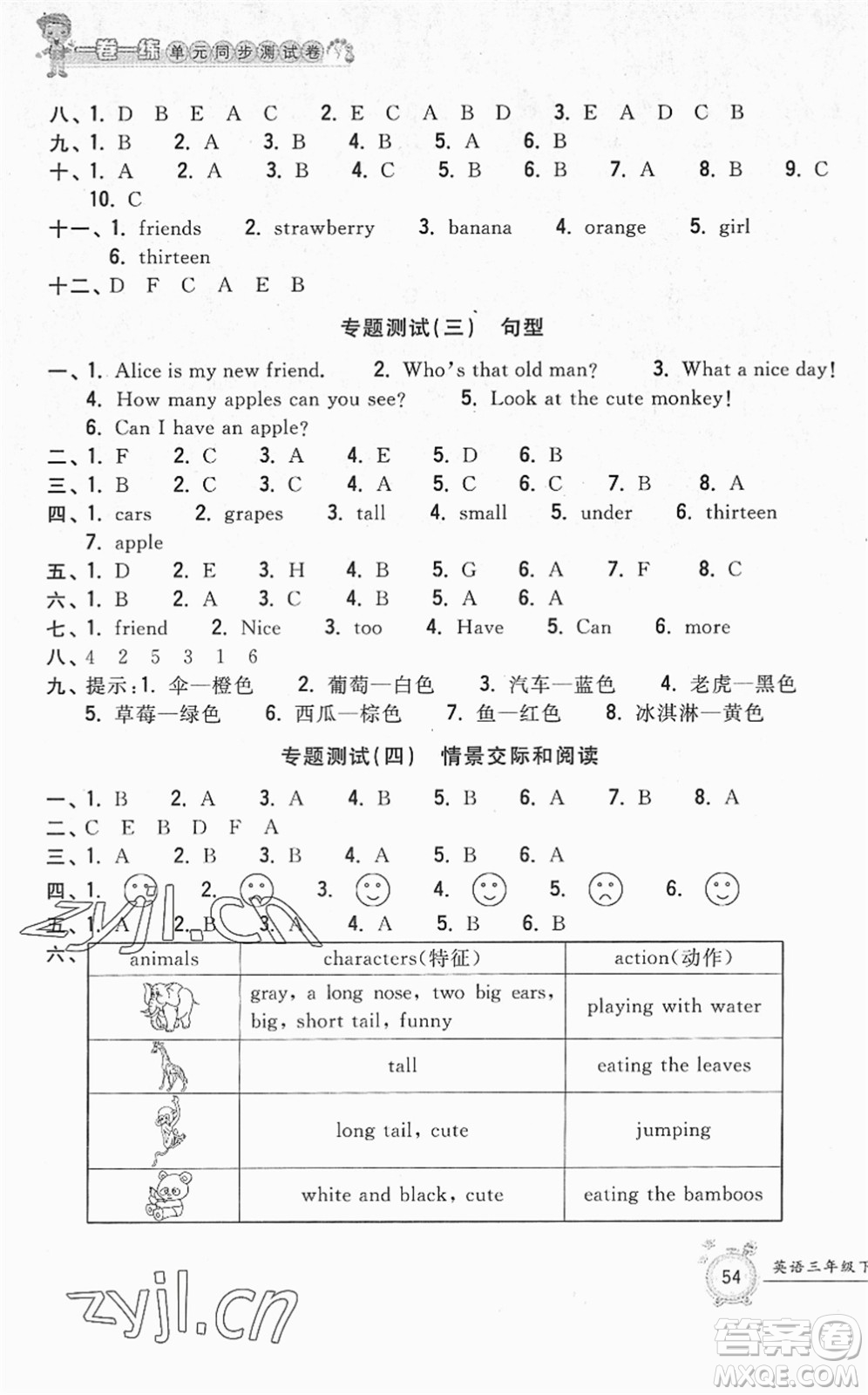 浙江工商大學出版社2022一卷一練單元同步測試卷三年級英語下冊PEP版答案