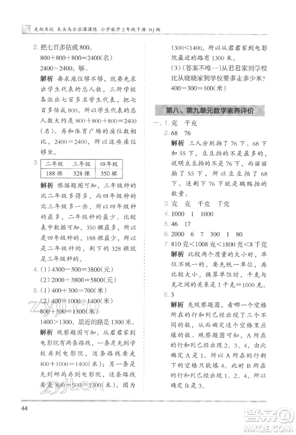 湖南師范大學(xué)出版社2022木頭馬分層課課練二年級(jí)下冊(cè)數(shù)學(xué)人教版參考答案