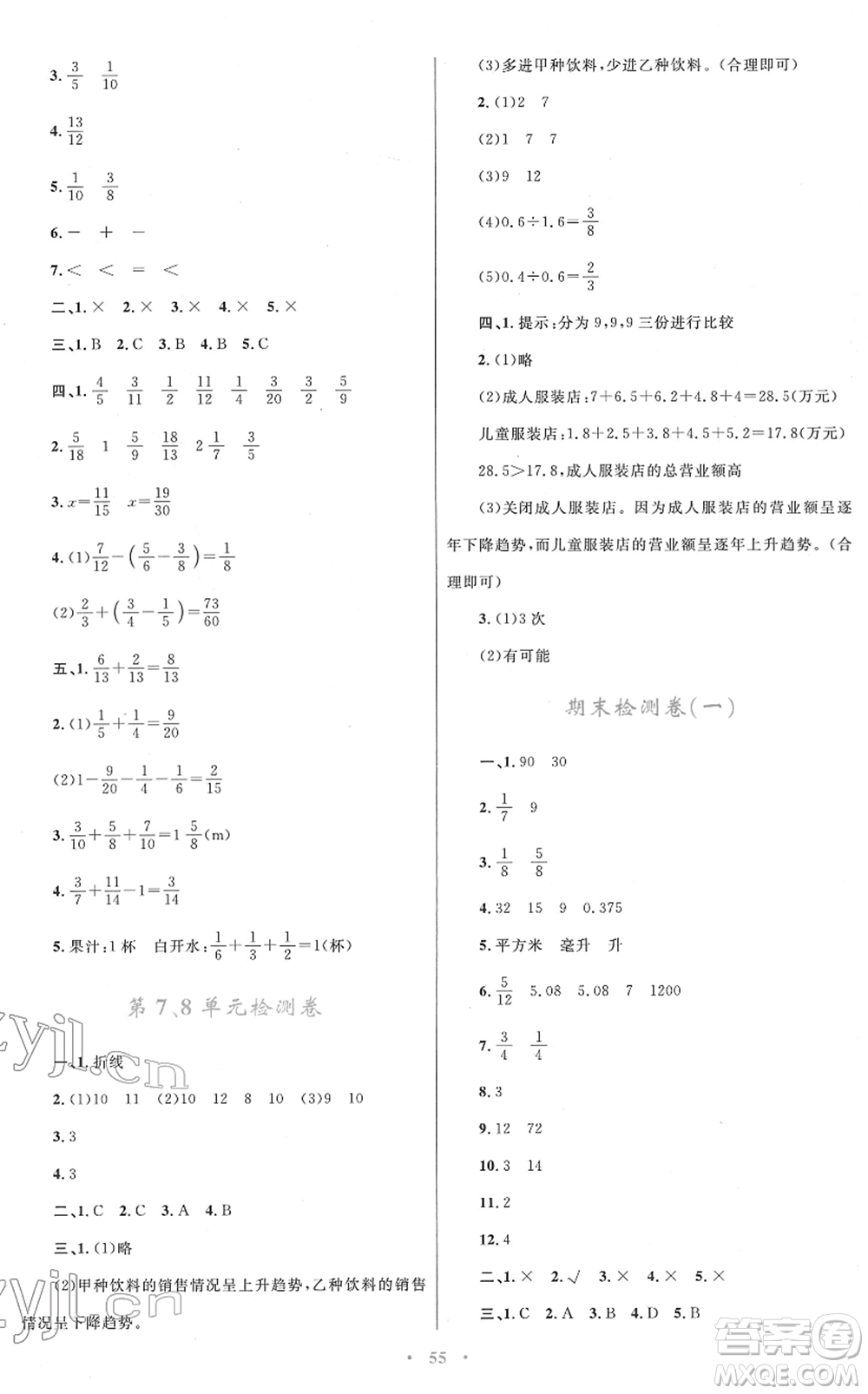 青海人民出版社2022快樂練練吧同步練習(xí)五年級(jí)數(shù)學(xué)下冊(cè)人教版青海專用答案