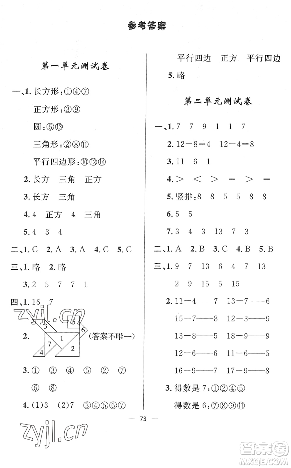 山東畫(huà)報(bào)出版社2022一課三練單元測(cè)試一年級(jí)數(shù)學(xué)下冊(cè)RJ人教版答案