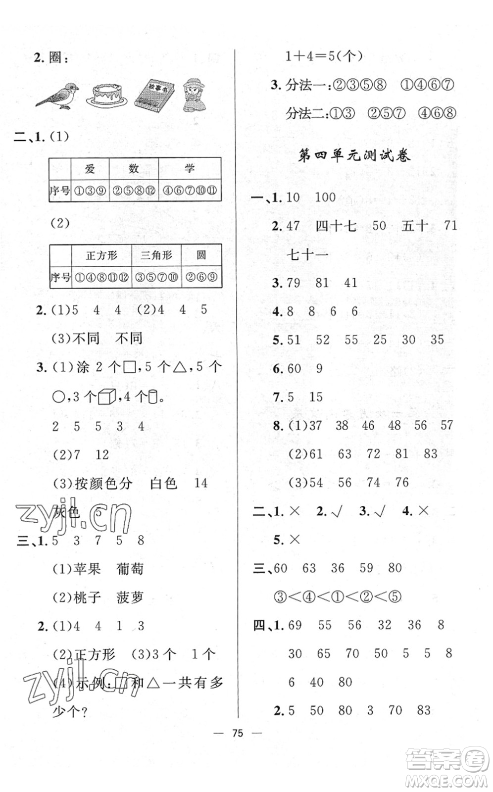 山東畫(huà)報(bào)出版社2022一課三練單元測(cè)試一年級(jí)數(shù)學(xué)下冊(cè)RJ人教版答案