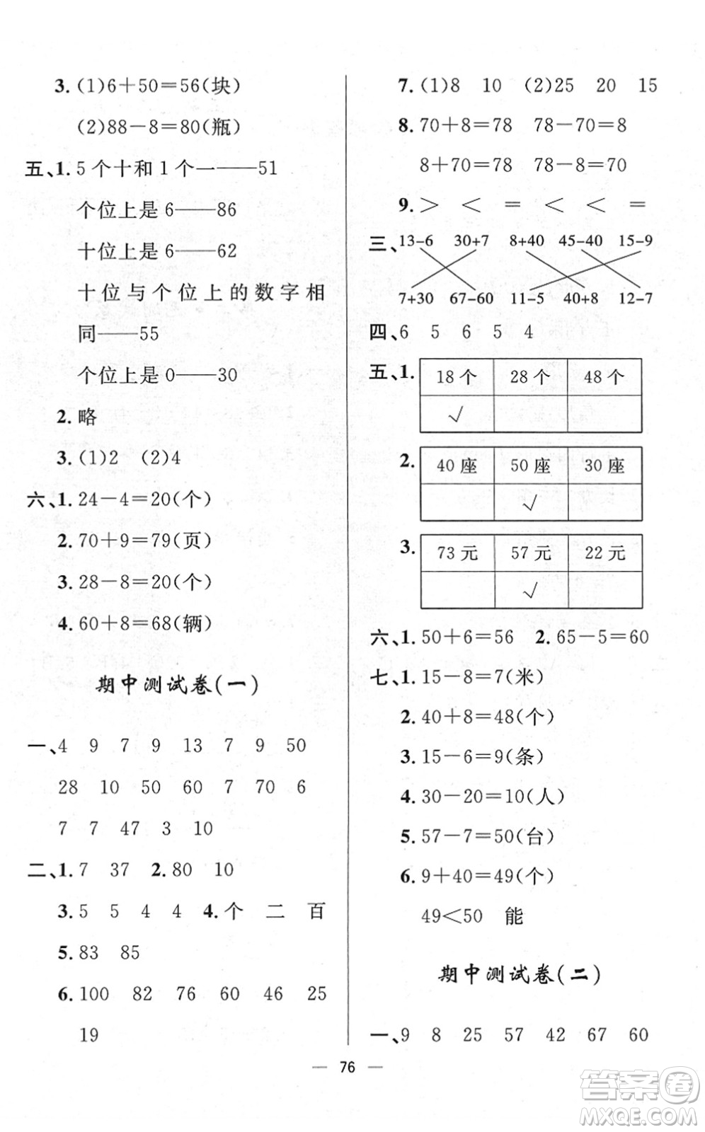 山東畫(huà)報(bào)出版社2022一課三練單元測(cè)試一年級(jí)數(shù)學(xué)下冊(cè)RJ人教版答案