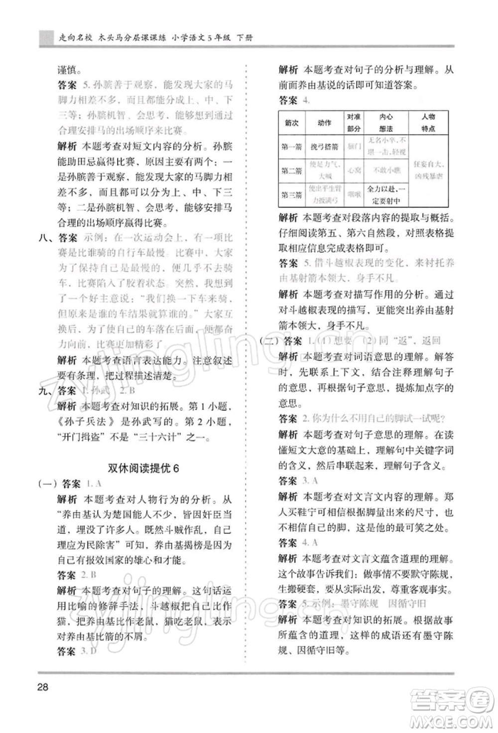 湖南師范大學(xué)出版社2022木頭馬分層課課練五年級(jí)下冊(cè)語(yǔ)文人教版浙江專版參考答案