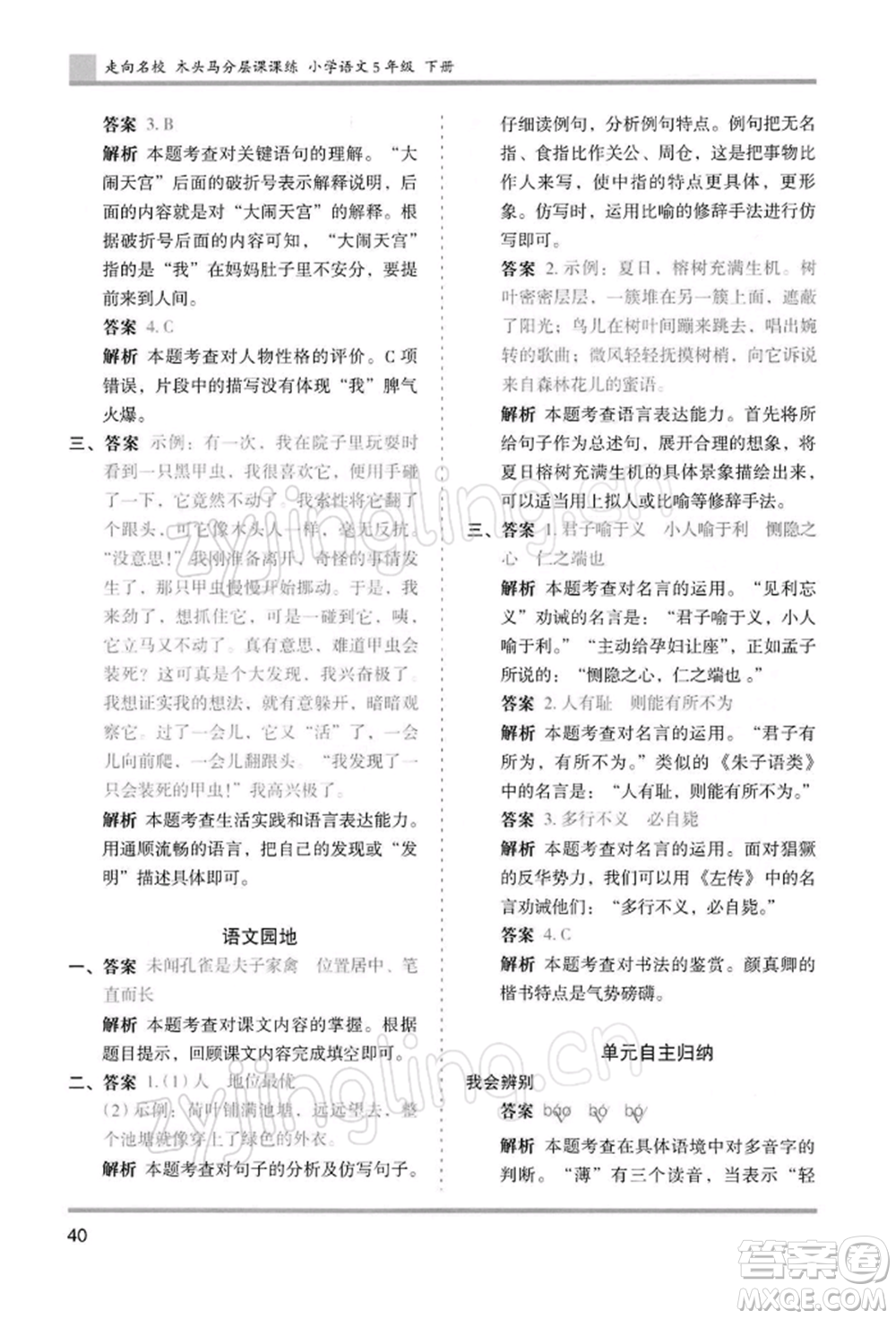 湖南師范大學(xué)出版社2022木頭馬分層課課練五年級(jí)下冊(cè)語(yǔ)文人教版浙江專版參考答案