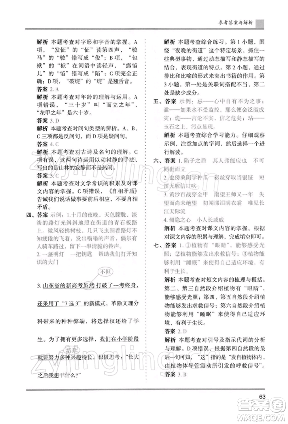 湖南師范大學(xué)出版社2022木頭馬分層課課練五年級(jí)下冊(cè)語(yǔ)文人教版浙江專版參考答案