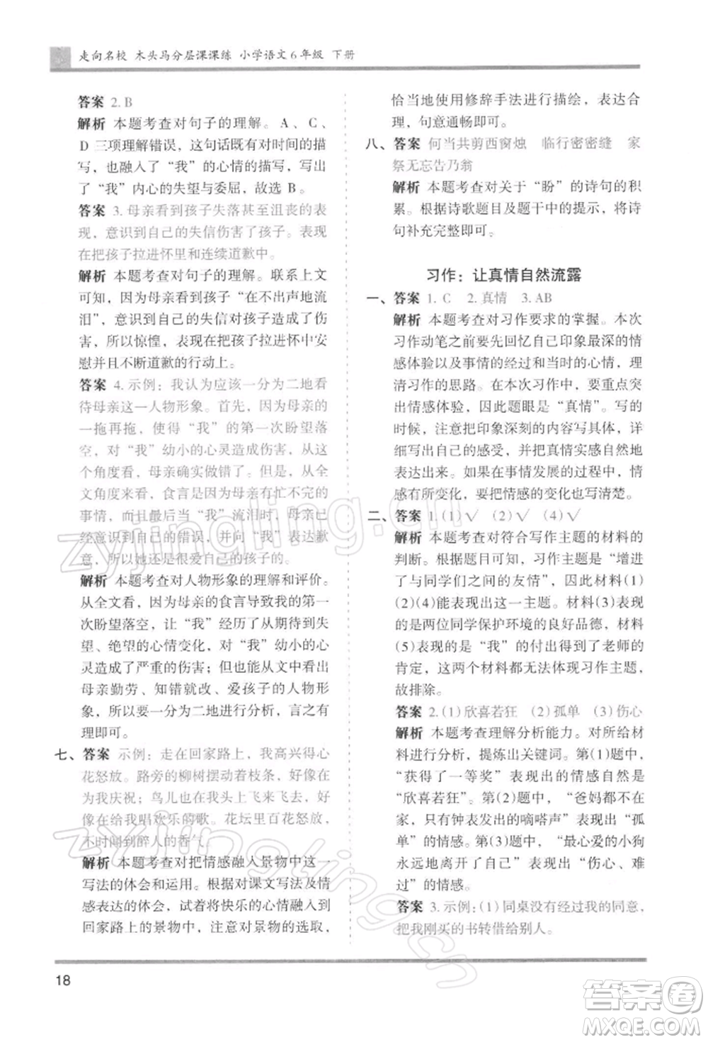 湖南師范大學(xué)出版社2022木頭馬分層課課練六年級(jí)下冊(cè)語(yǔ)文人教版浙江專版參考答案