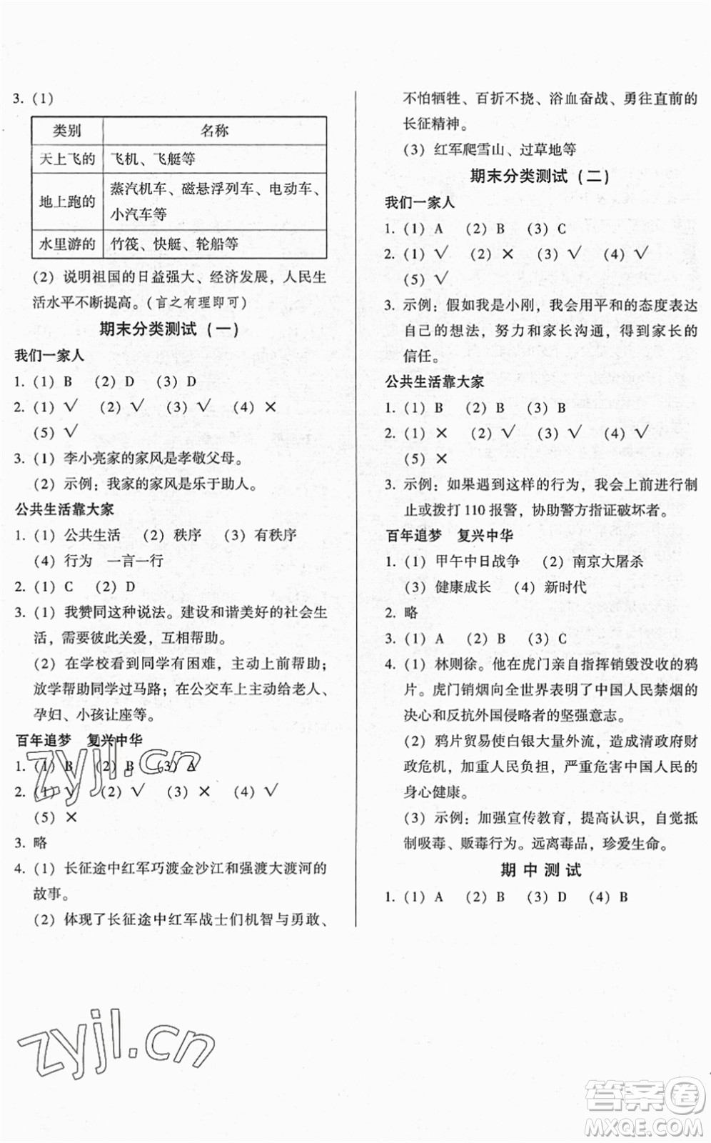 山東畫報(bào)出版社2022一課三練單元測(cè)試五年級(jí)道德與法治下冊(cè)人教版答案