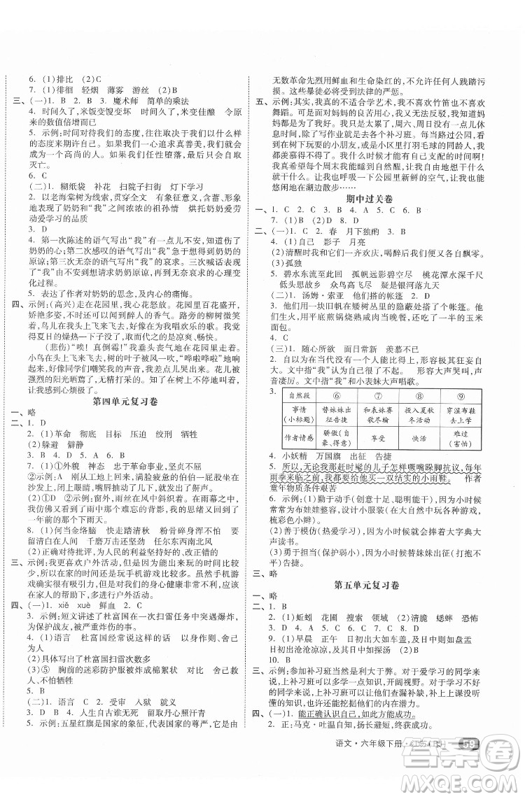 天津人民出版社2022全品小復(fù)習(xí)語(yǔ)文六年級(jí)下冊(cè)人教版江蘇專版答案