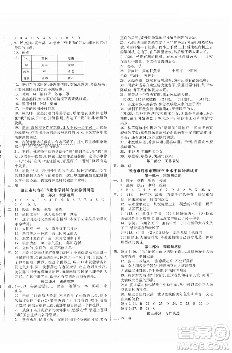 天津人民出版社2022全品小復(fù)習(xí)語(yǔ)文六年級(jí)下冊(cè)人教版江蘇專版答案