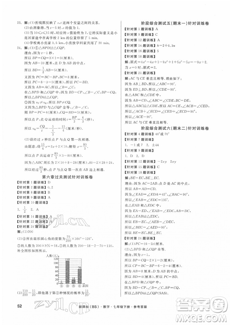 陽光出版社2022全品小復(fù)習(xí)七年級下冊數(shù)學(xué)北師版答案