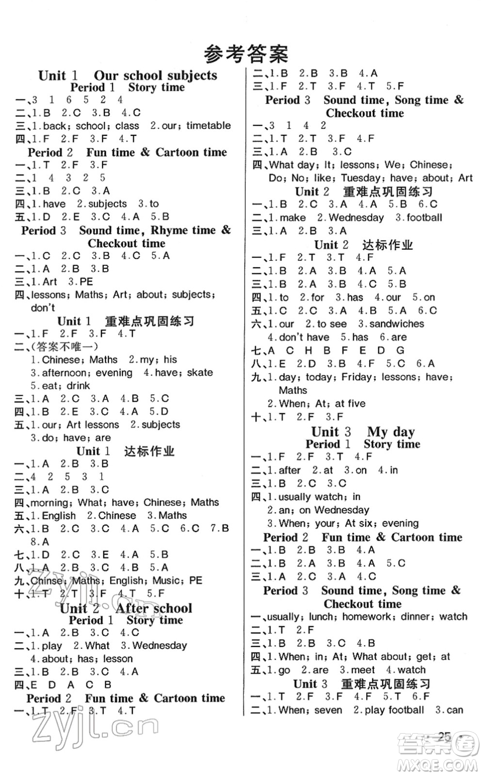 寧波出版社2022全程奪冠課時(shí)作業(yè)四年級(jí)英語(yǔ)下冊(cè)YL譯林版答案