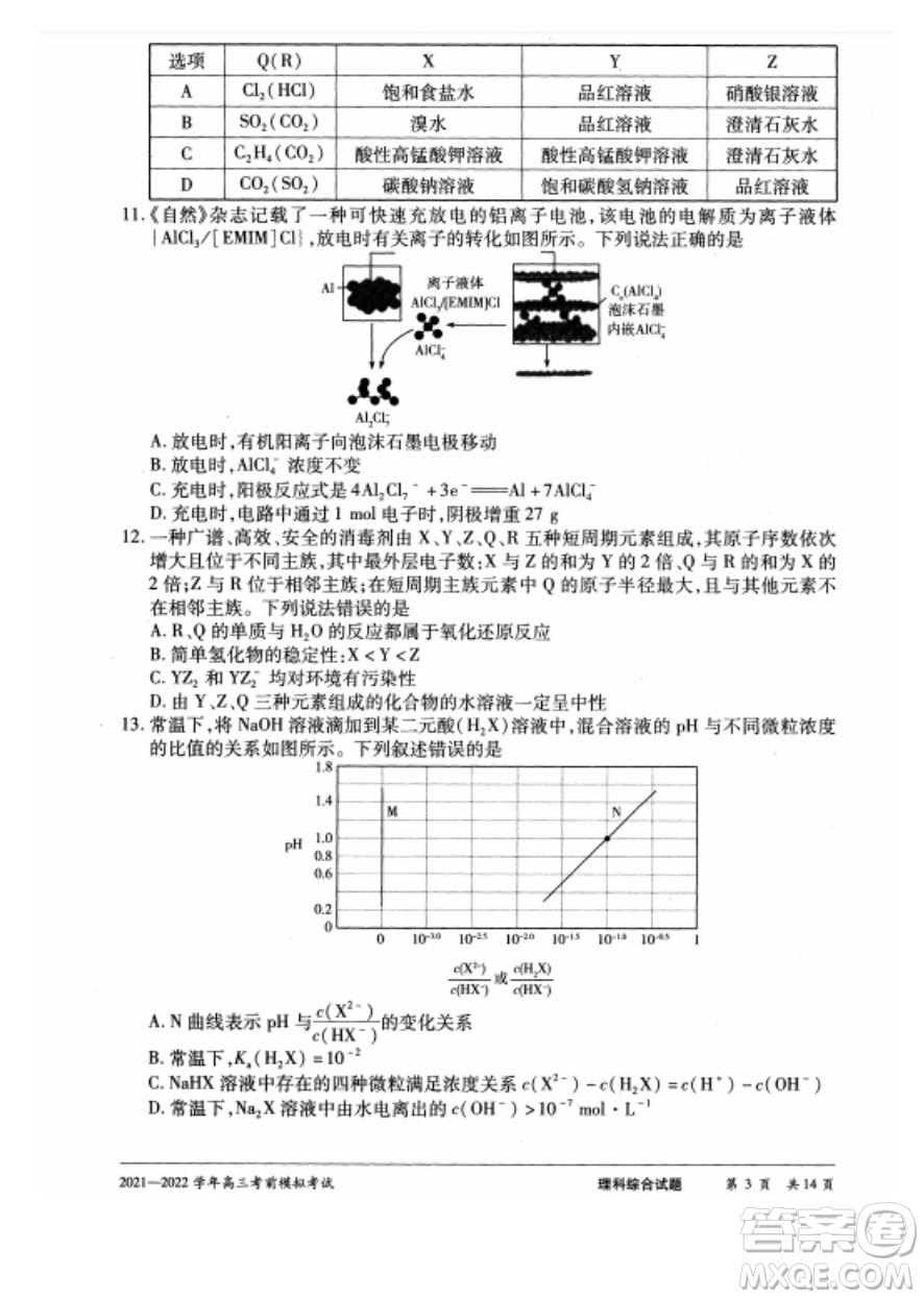 天一大聯(lián)考2021-2022學(xué)年高三考前模擬考試理科綜合試題及答案