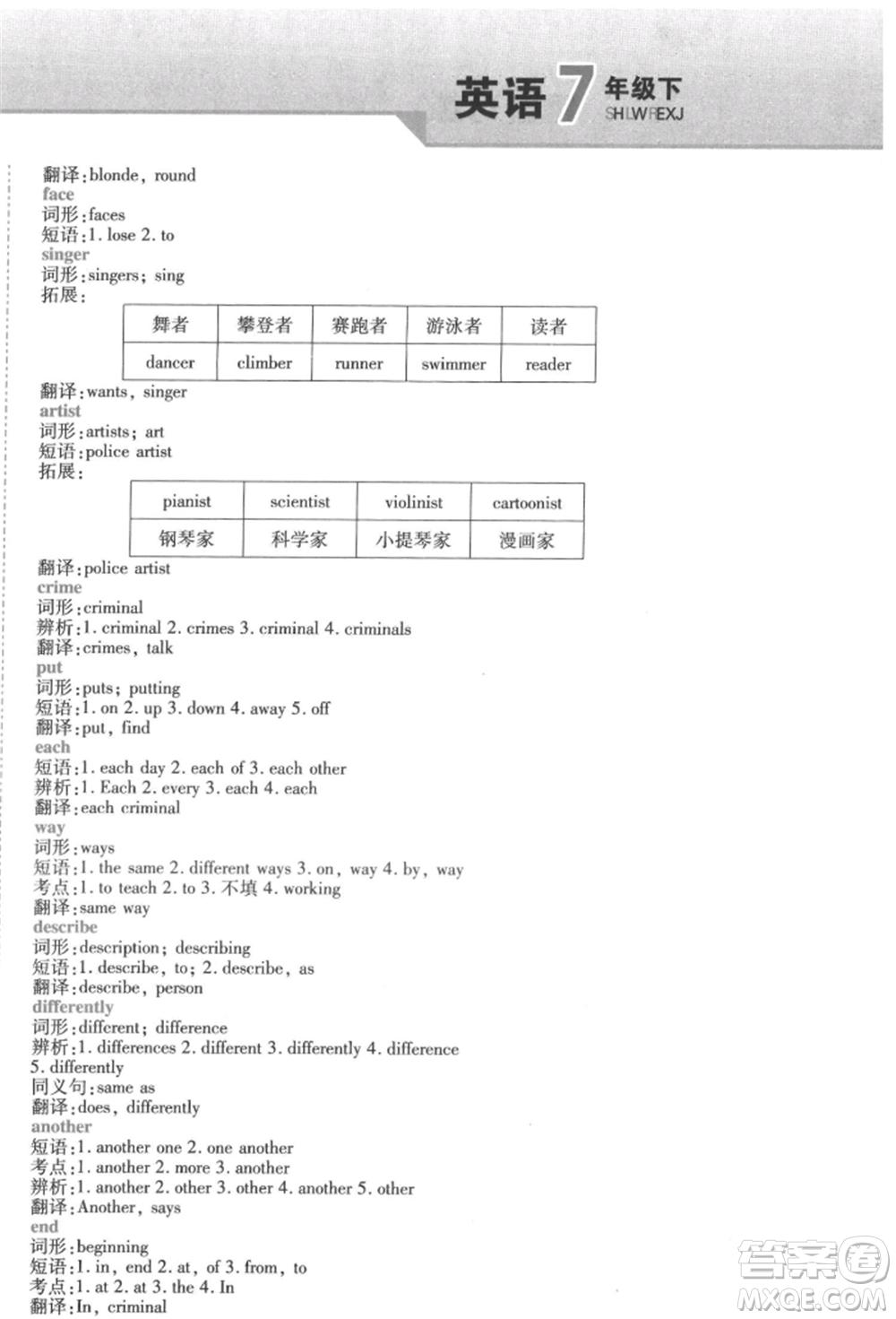 北方婦女兒童出版社2022精析巧練課時達(dá)標(biāo)七年級下冊英語人教版參考答案