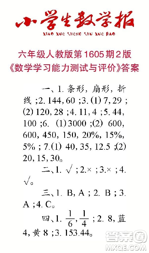 2022春小學(xué)生數(shù)學(xué)報六年級第1605期答案