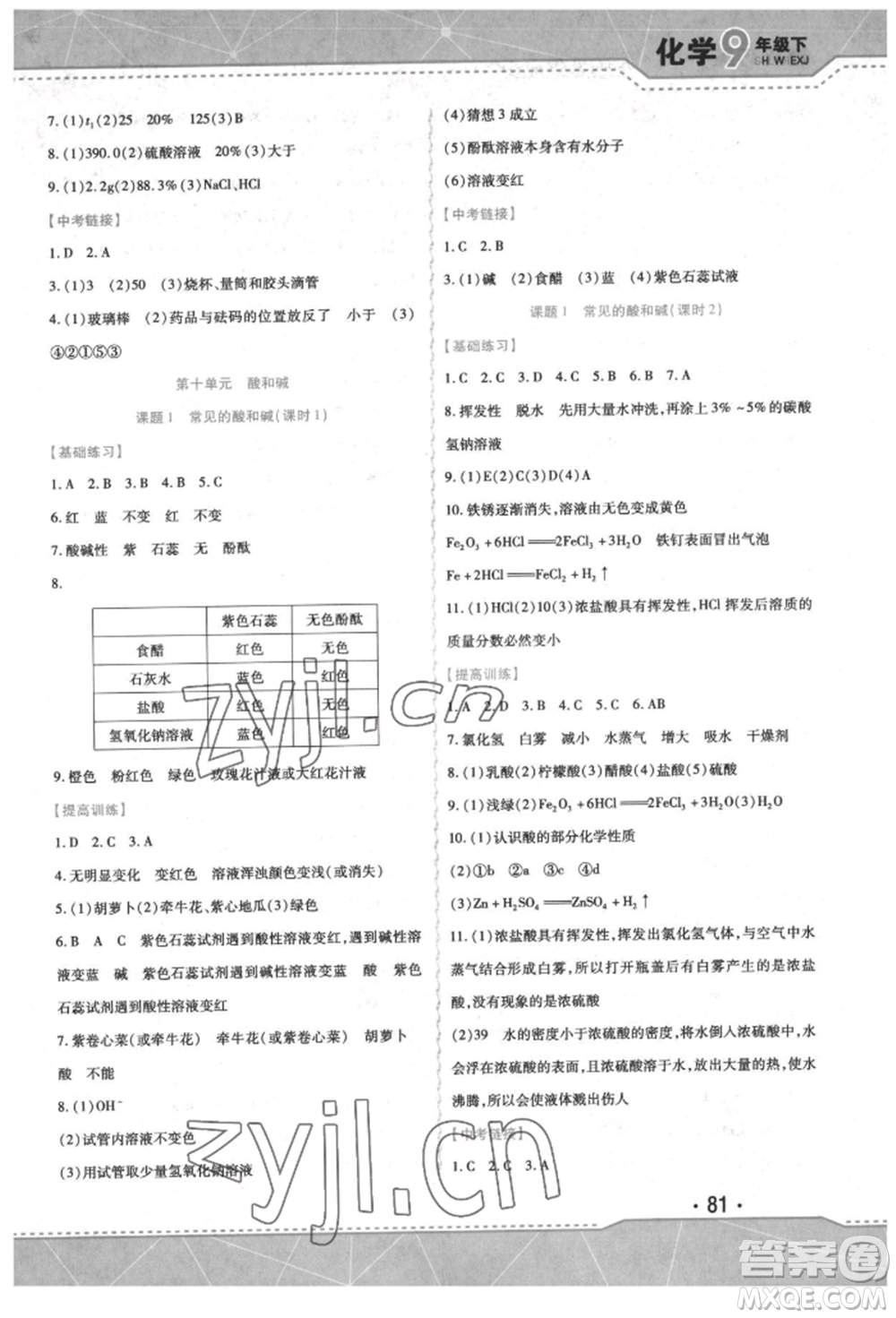 吉林出版集團(tuán)股份有限公司2022精析巧練階段驗(yàn)收與測(cè)試九年級(jí)下冊(cè)化學(xué)人教版參考答案