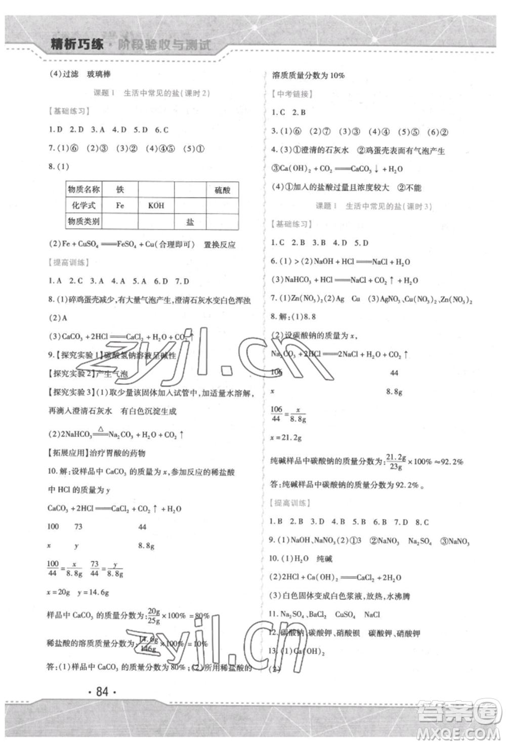 吉林出版集團(tuán)股份有限公司2022精析巧練階段驗(yàn)收與測(cè)試九年級(jí)下冊(cè)化學(xué)人教版參考答案