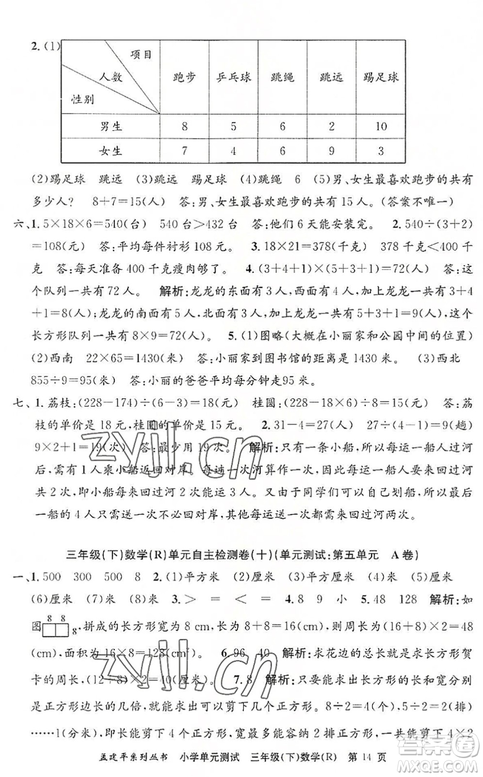 浙江工商大學出版社2022孟建平小學單元測試三年級數(shù)學下冊R人教版答案