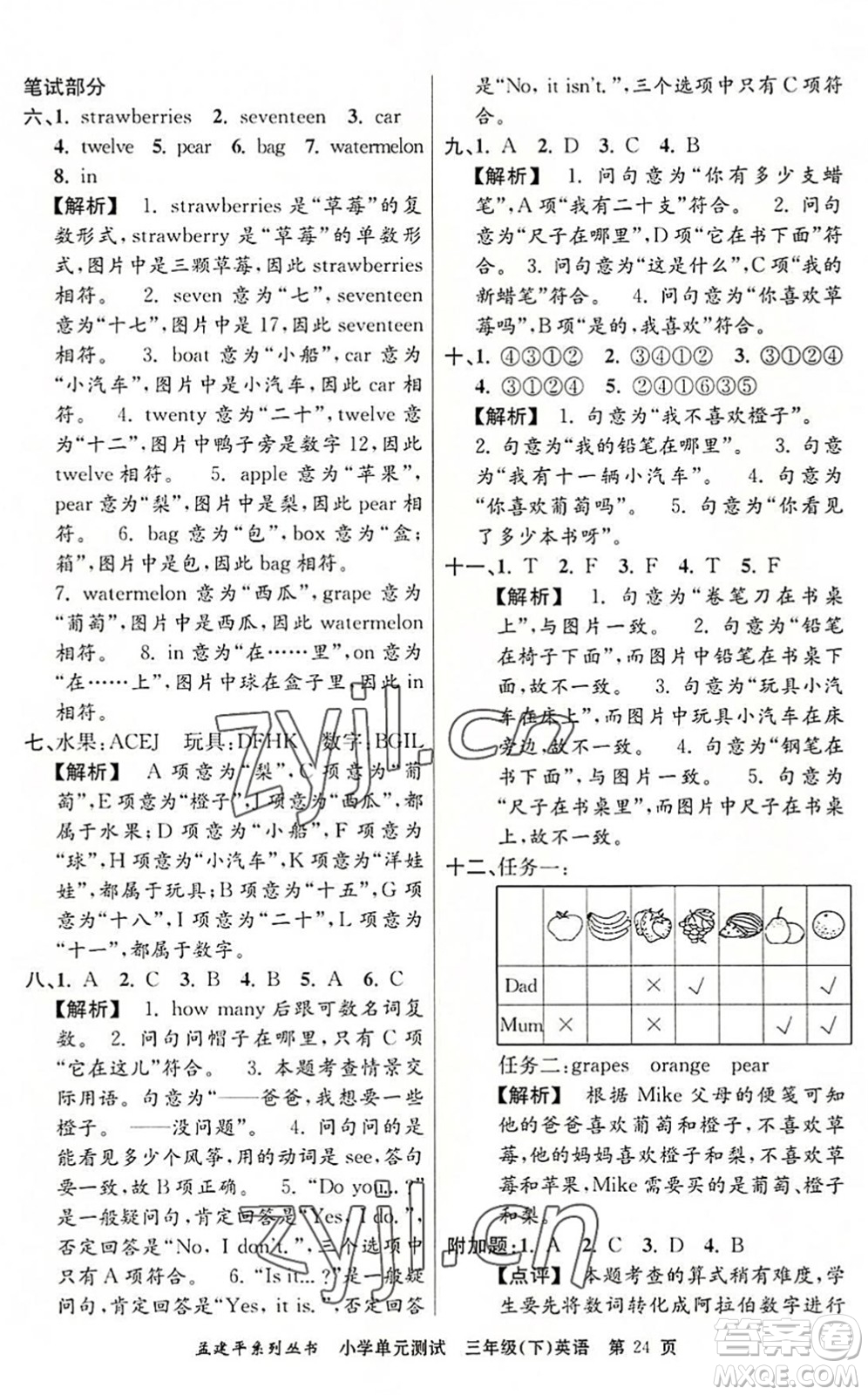 浙江工商大學(xué)出版社2022孟建平小學(xué)單元測試三年級英語下冊R人教版答案