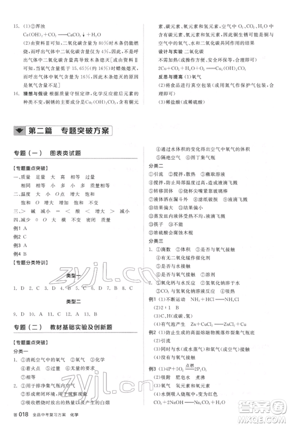 陽光出版社2022全品中考復習方案聽課手冊化學通用版江蘇專版參考答案