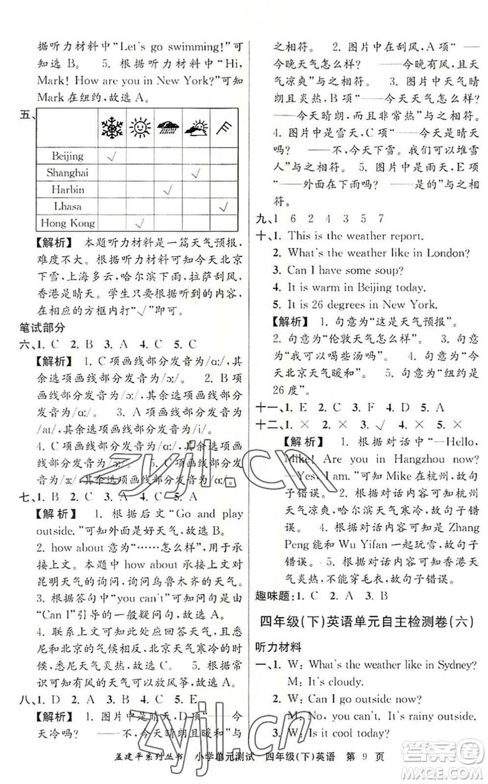 浙江工商大學(xué)出版社2022孟建平小學(xué)單元測試四年級(jí)英語下冊(cè)R人教版答案