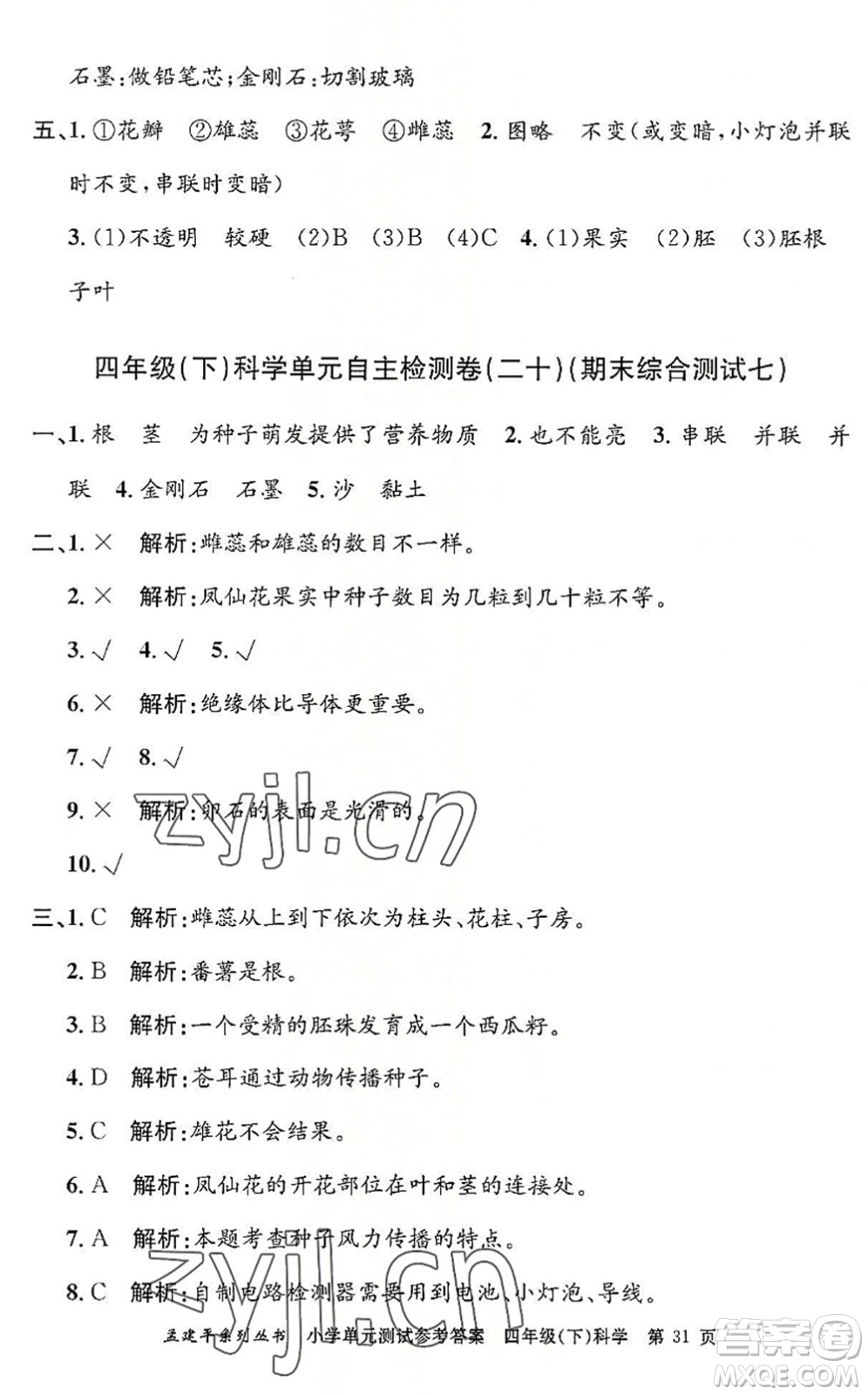 浙江工商大學(xué)出版社2022孟建平小學(xué)單元測(cè)試四年級(jí)科學(xué)下冊(cè)J教科版答案