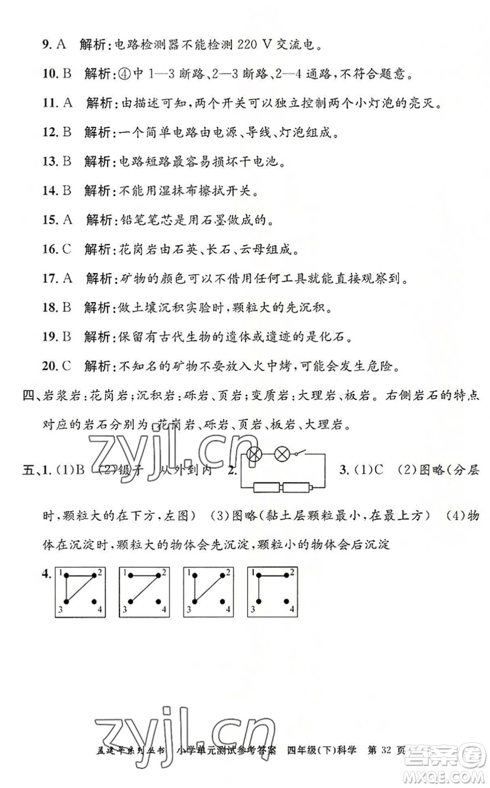 浙江工商大學(xué)出版社2022孟建平小學(xué)單元測(cè)試四年級(jí)科學(xué)下冊(cè)J教科版答案