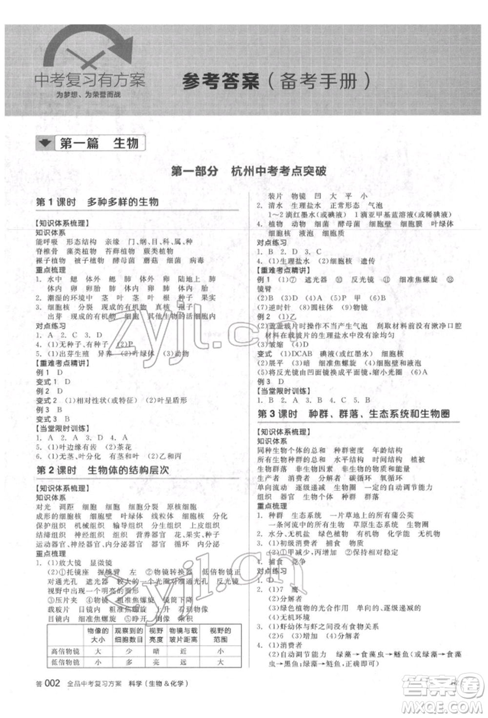 陽光出版社2022全品中考復(fù)習(xí)方案備考手冊(cè)科學(xué)生物化學(xué)通用版杭州專版參考答案