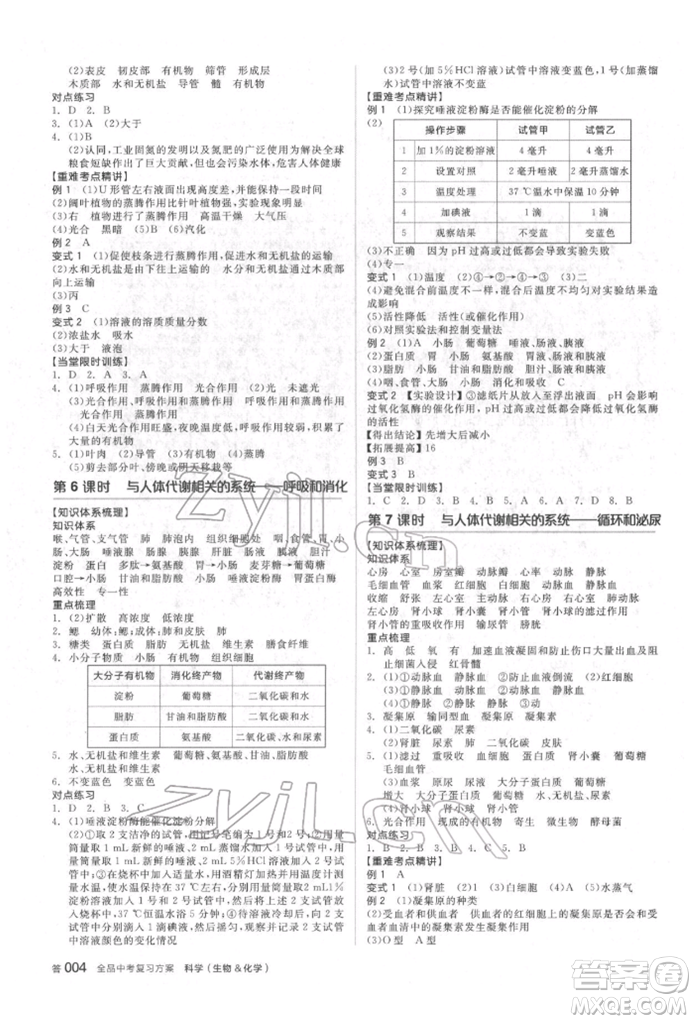 陽光出版社2022全品中考復(fù)習(xí)方案備考手冊(cè)科學(xué)生物化學(xué)通用版杭州專版參考答案