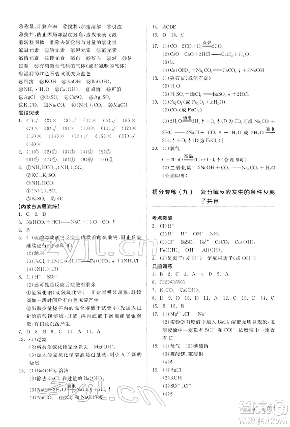 陽光出版社2022全品中考復(fù)習(xí)方案聽課手冊化學(xué)通用版內(nèi)蒙古專版參考答案