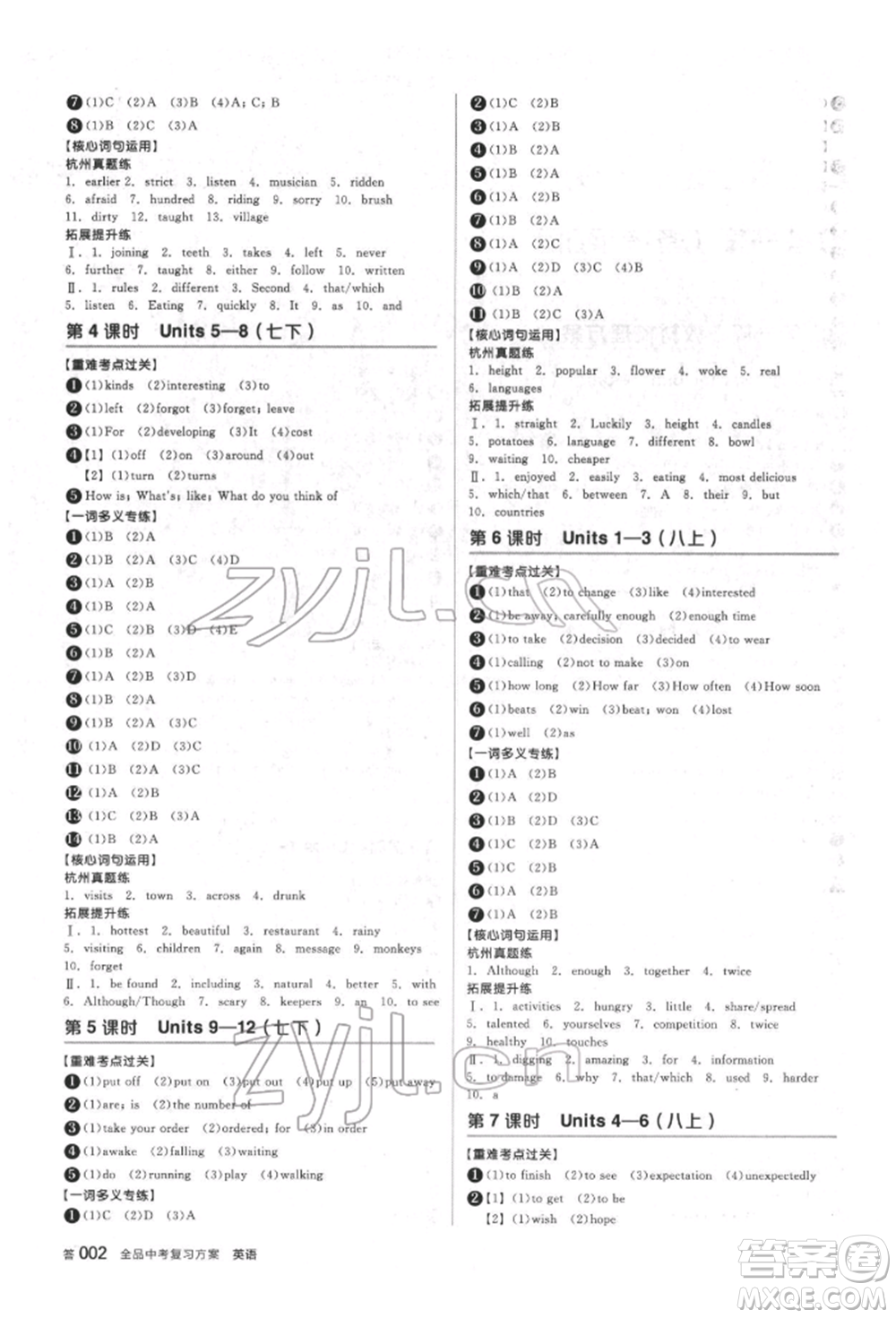 陽光出版社2022全品中考復(fù)習(xí)方案備考手冊(cè)英語人教版杭州專版參考答案