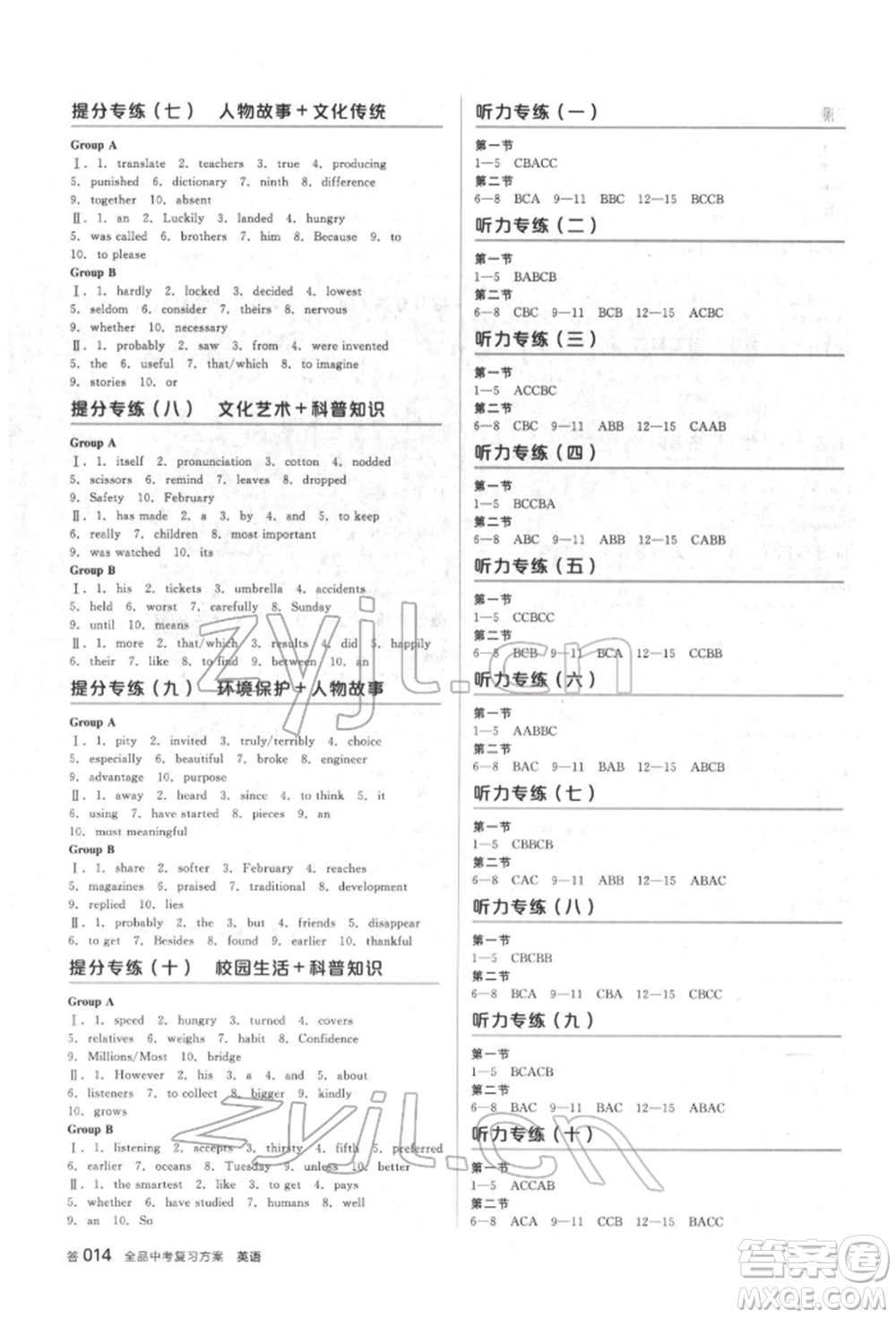 陽光出版社2022全品中考復(fù)習(xí)方案備考手冊(cè)英語人教版杭州專版參考答案