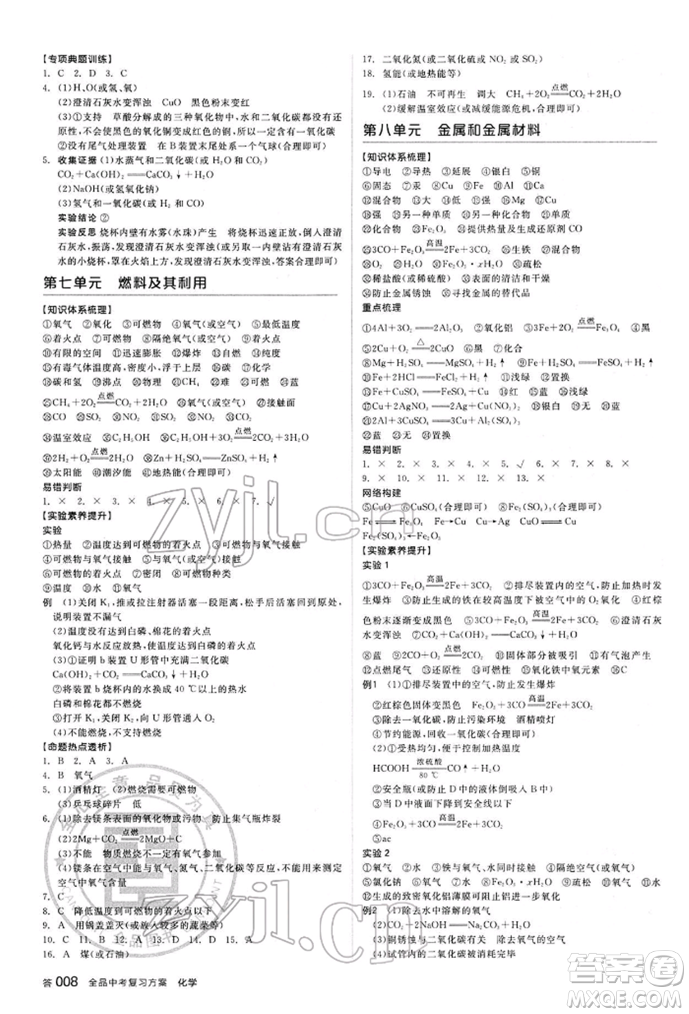 陽光出版社2022全品中考復(fù)習(xí)方案聽課手冊(cè)化學(xué)通用版江西專版參考答案