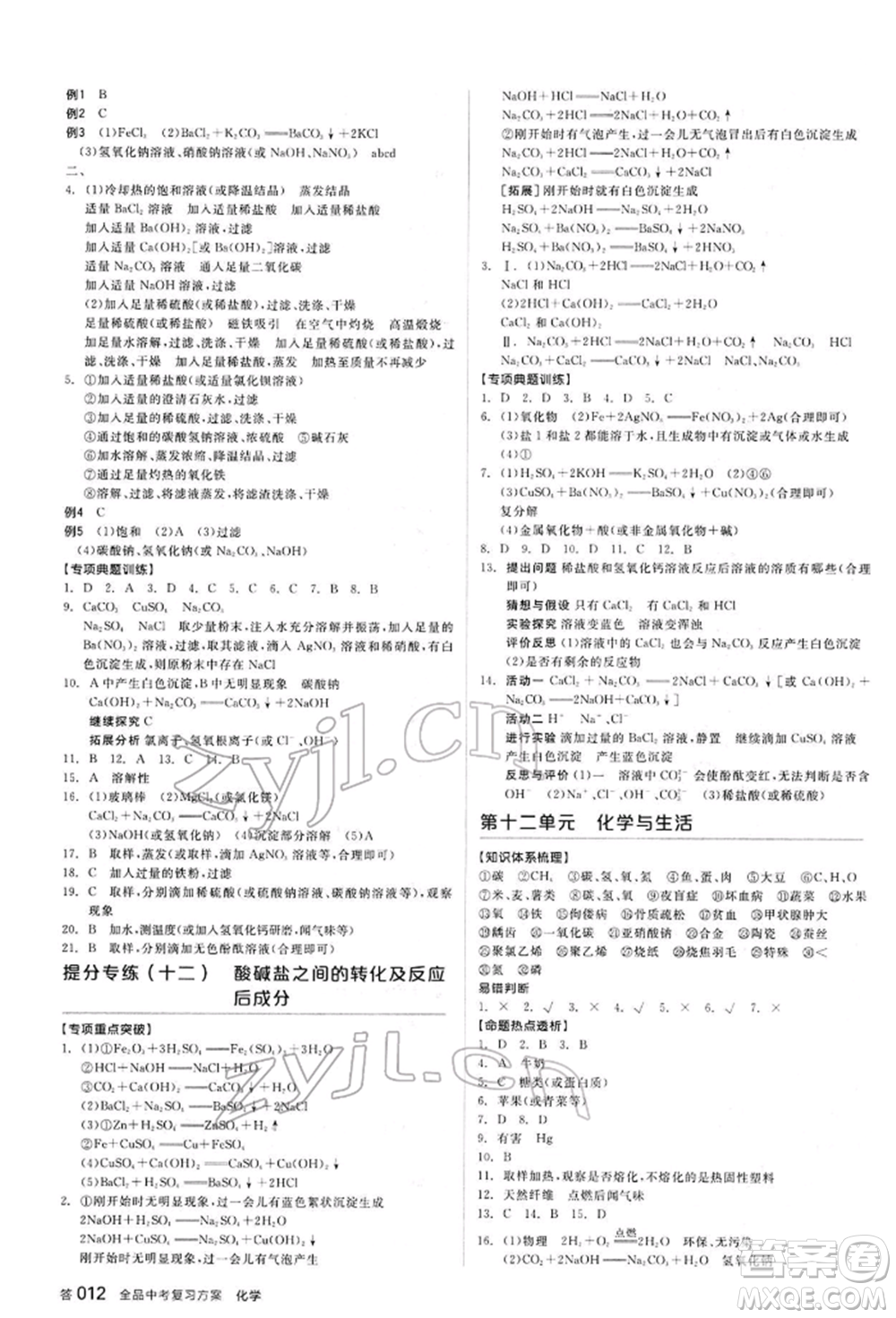 陽光出版社2022全品中考復(fù)習(xí)方案聽課手冊(cè)化學(xué)通用版江西專版參考答案