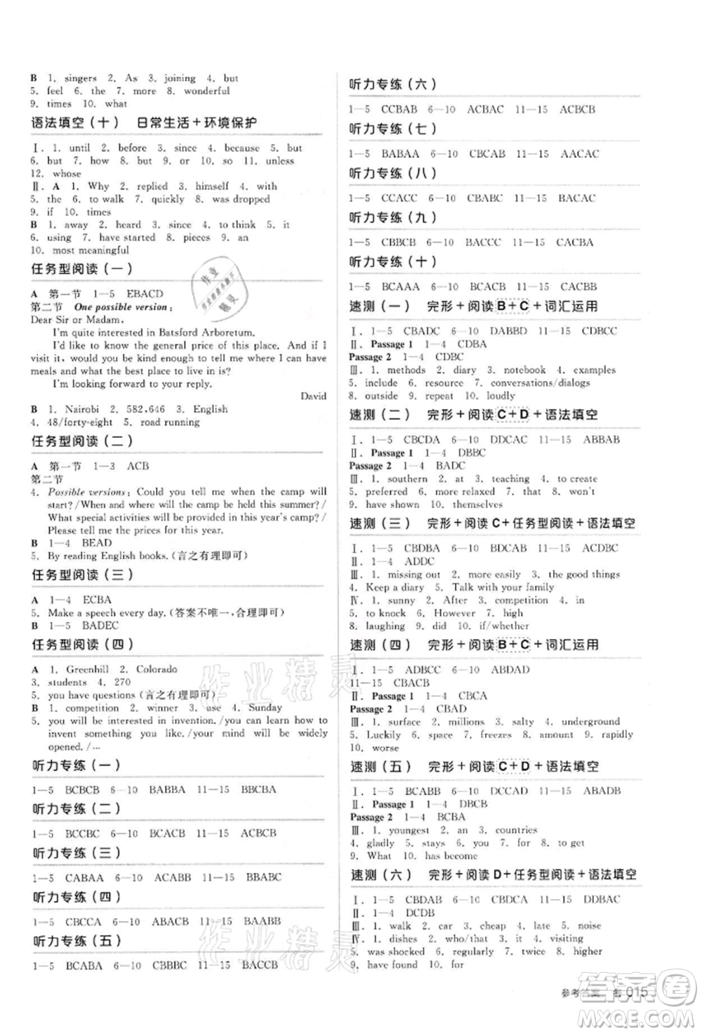 陽(yáng)光出版社2022全品中考復(fù)習(xí)方案?jìng)淇际謨?cè)英語(yǔ)外研版浙江專(zhuān)版參考答案