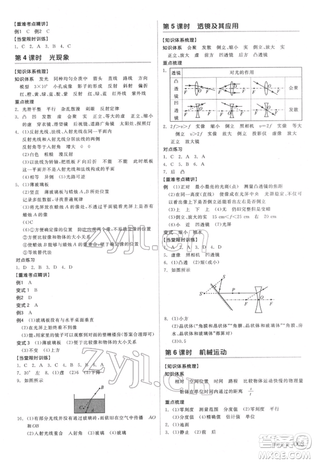 陽光出版社2022全品中考復(fù)習(xí)方案備考手冊科學(xué)物理地理通用版杭州專版參考答案