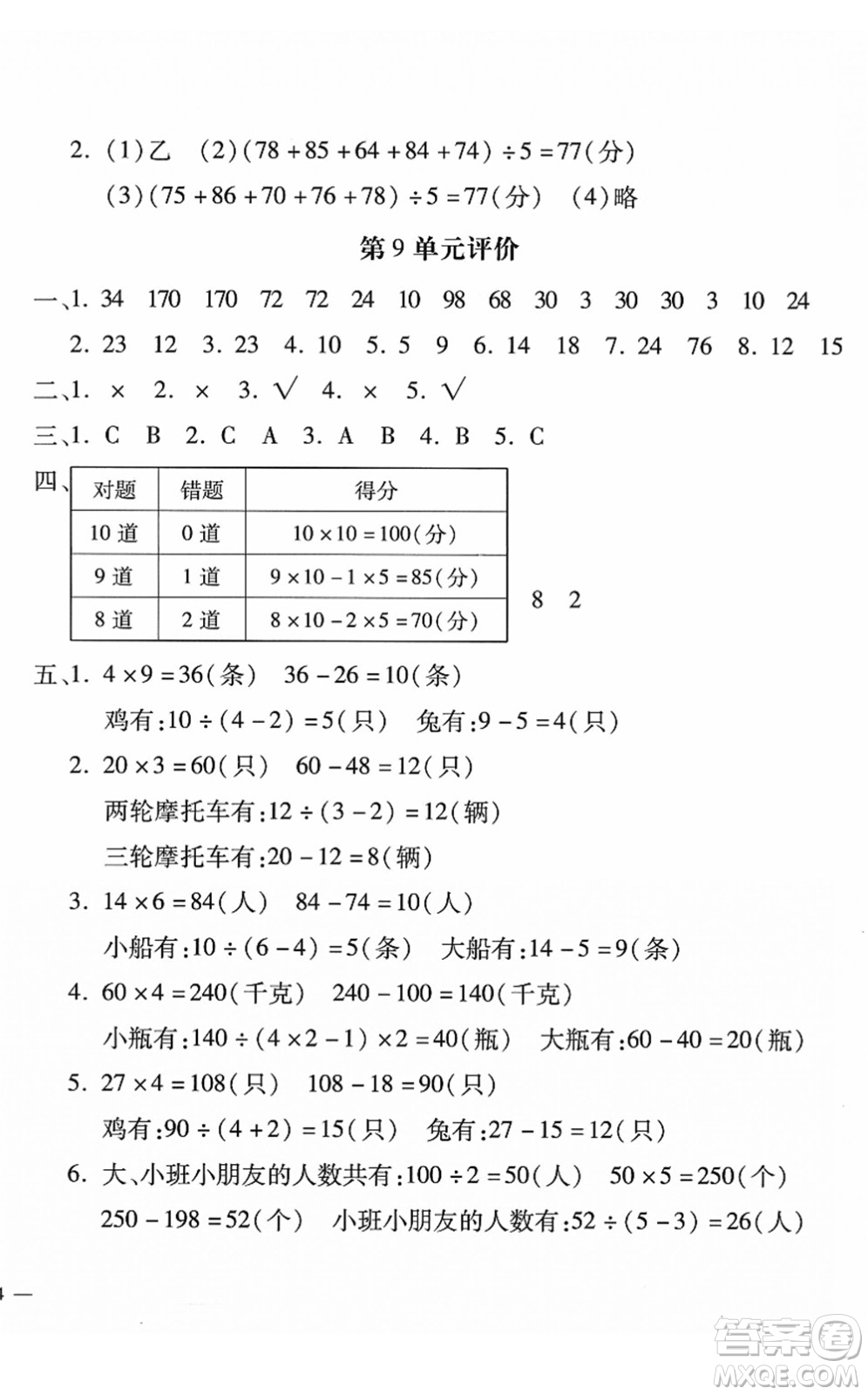 河北少年兒童出版社2022世超金典課時練測評試卷四年級數(shù)學(xué)下冊人教版答案