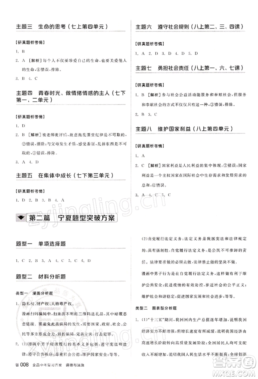 江西美術(shù)出版社2022全品中考復(fù)習(xí)方案聽課手冊道德與法治通用版寧夏專版參考答案