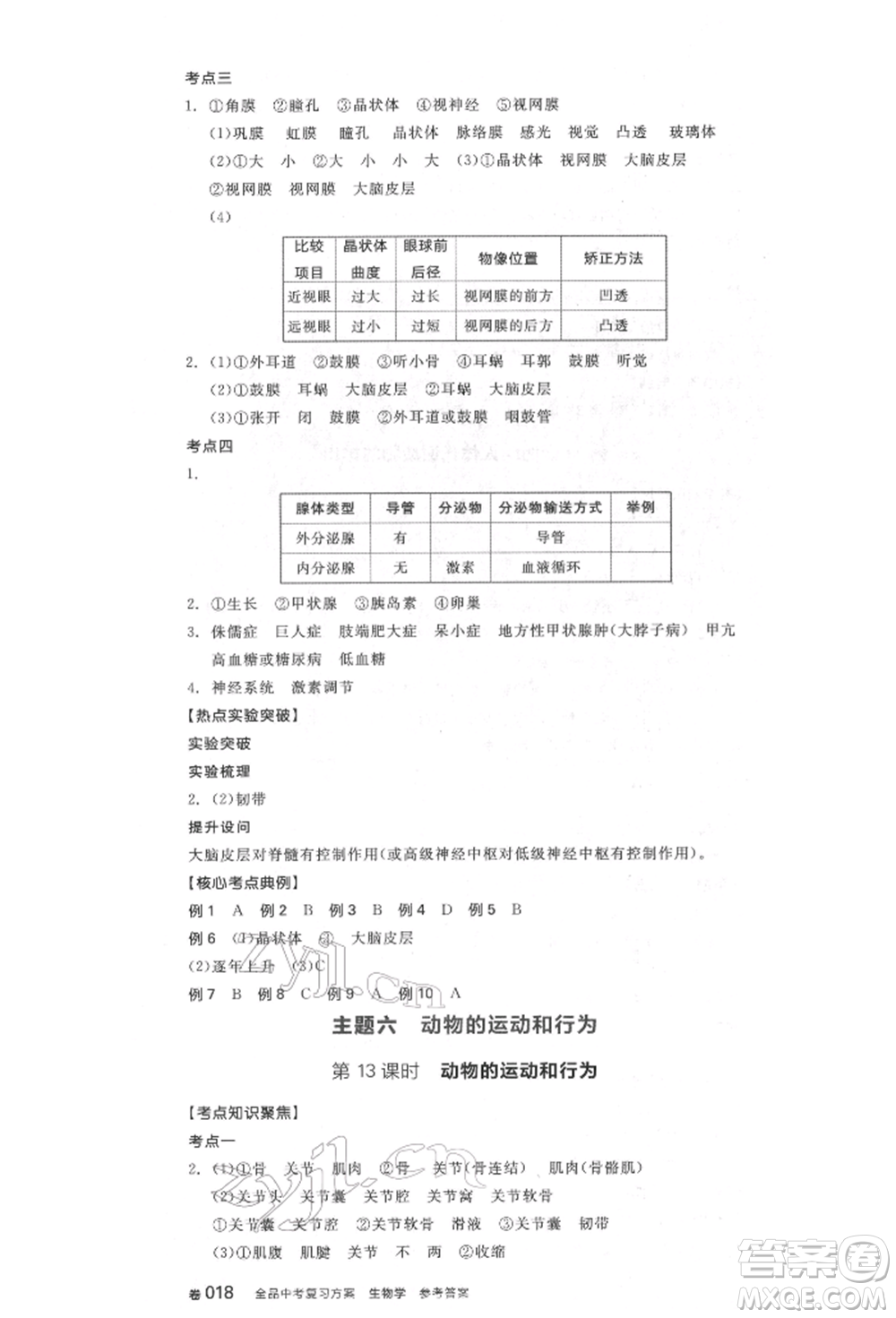 延邊教育出版社2022全品中考復(fù)習(xí)聽課手冊生物學(xué)通用版福建專版參考答案