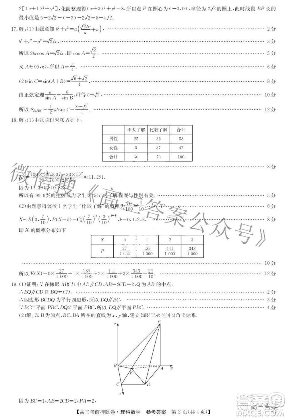 2022九師聯(lián)盟考前押題卷G版理科數(shù)學(xué)答案