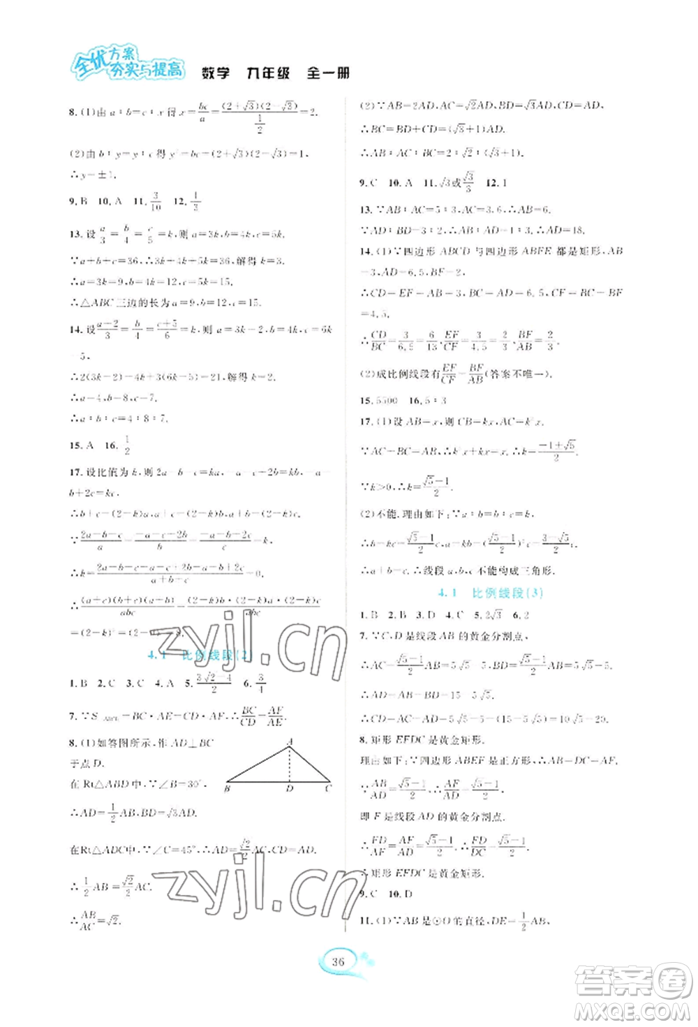 華東師范大學(xué)出版社2022全優(yōu)方案夯實(shí)與提高九年級(jí)數(shù)學(xué)浙教版參考答案