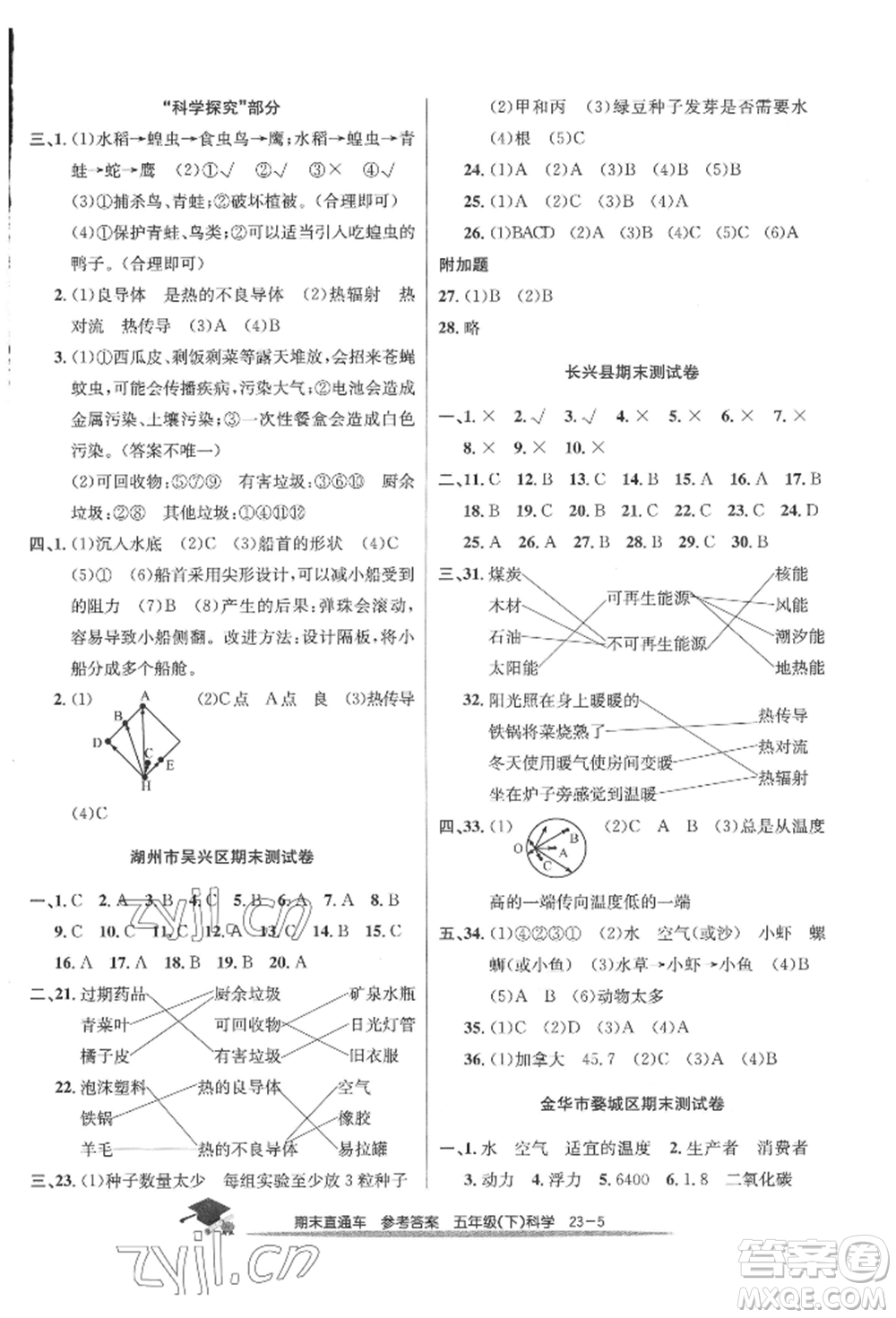 浙江工商大學(xué)出版社2022期末直通車五年級(jí)下冊(cè)科學(xué)教科版參考答案