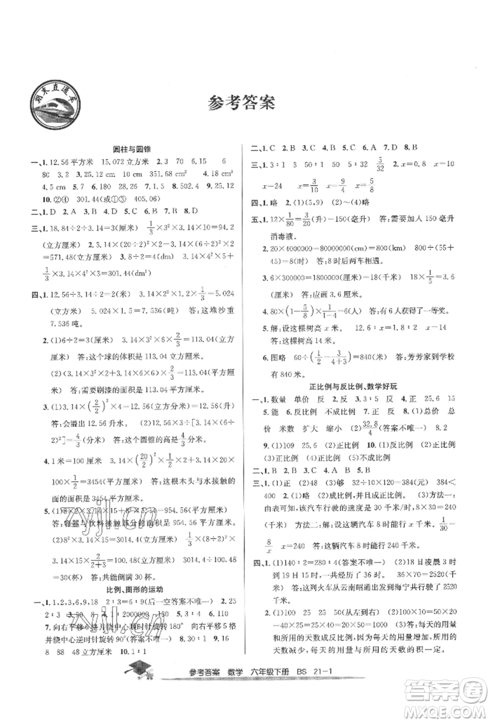 寧波出版社2022期末直通車(chē)六年級(jí)下冊(cè)數(shù)學(xué)北師大版參考答案