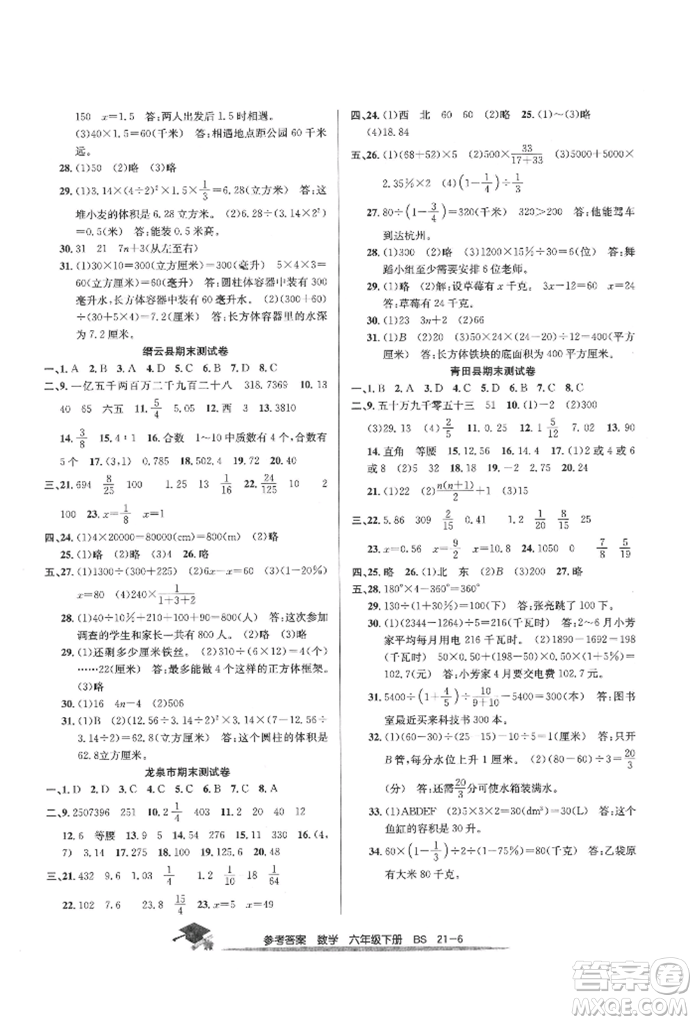 寧波出版社2022期末直通車(chē)六年級(jí)下冊(cè)數(shù)學(xué)北師大版參考答案