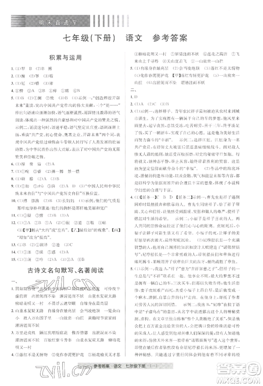 寧波出版社2022期末直通車七年級(jí)下冊(cè)語(yǔ)文人教版參考答案